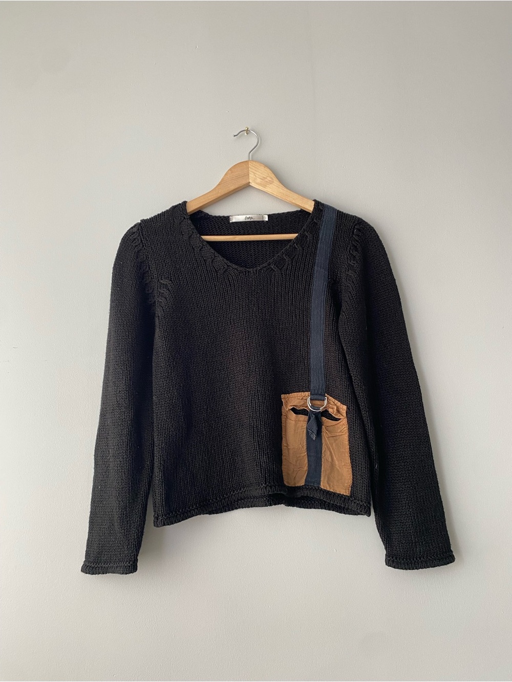 Bottega Veneta Black V-Neck Sweater with Brown Pocket and Navy Strap